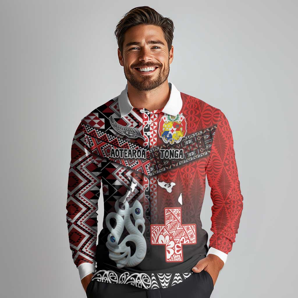 Personalised Aotearoa and Tonga Together Long Sleeve Polo Shirt Manaia and Tongan Tribal Cross - Taniko and Ngatu Art Tattoo LT03 - Polynesian Pride