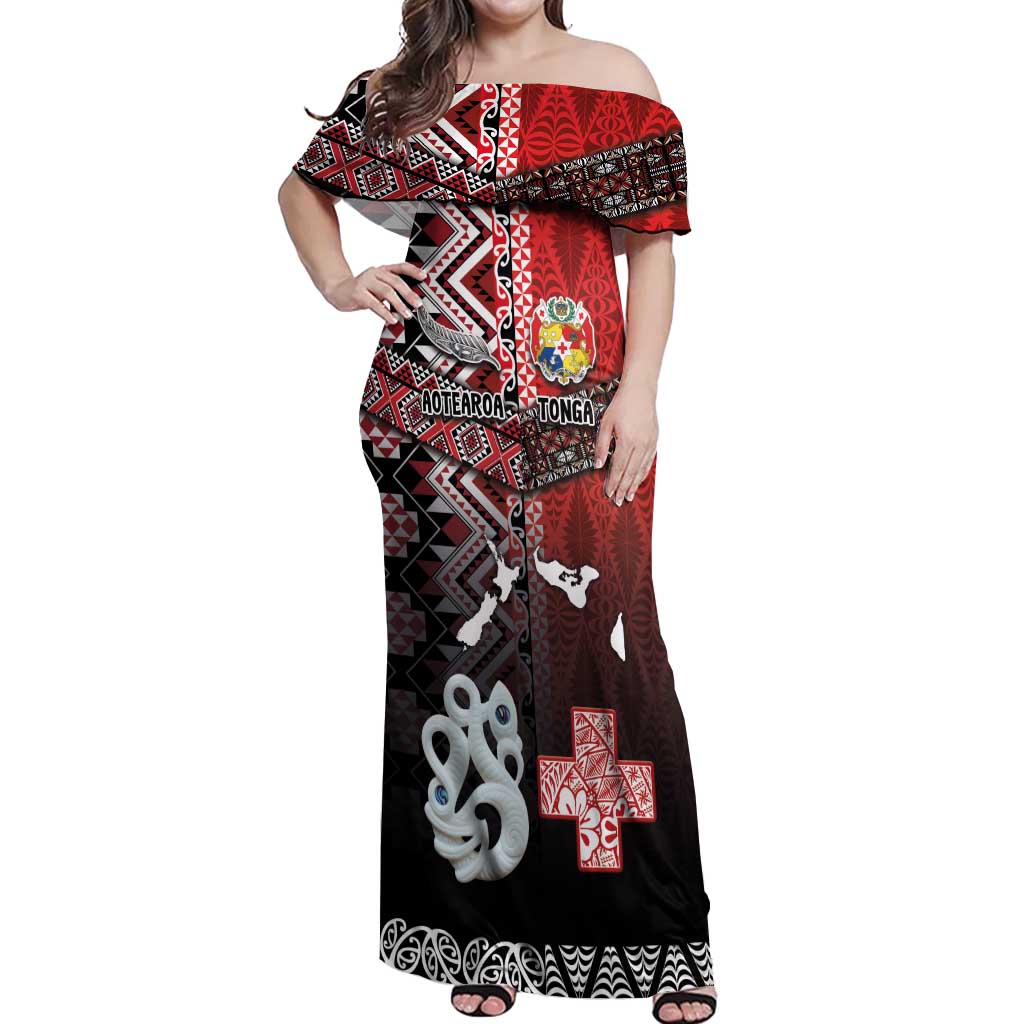 Personalised Aotearoa and Tonga Together Off Shoulder Maxi Dress Manaia and Tongan Tribal Cross - Taniko and Ngatu Art Tattoo LT03 Women Red - Polynesian Pride