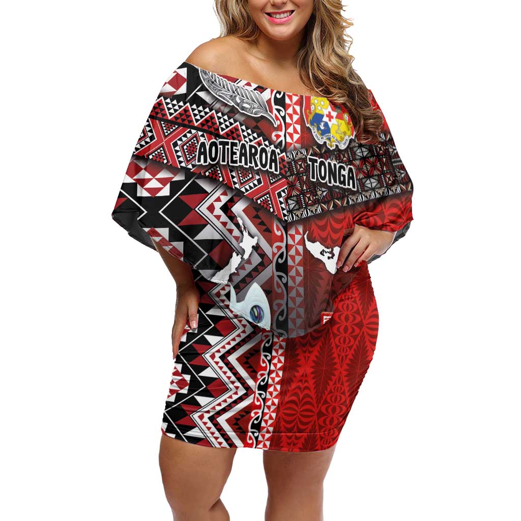 Personalised Aotearoa and Tonga Together Off Shoulder Short Dress Manaia and Tongan Tribal Cross - Taniko and Ngatu Art Tattoo LT03 Women Red - Polynesian Pride