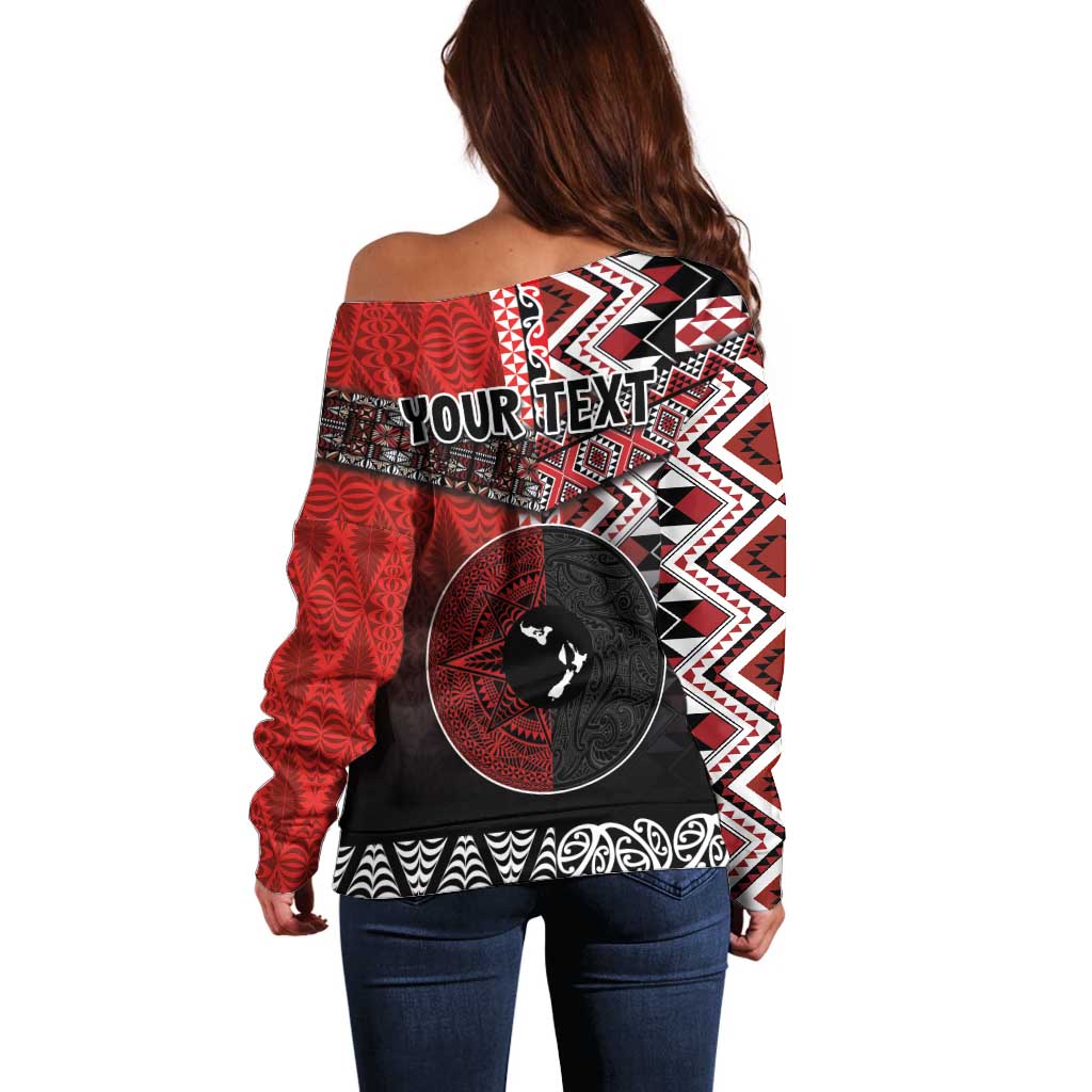 Personalised Aotearoa and Tonga Together Off Shoulder Sweater Manaia and Tongan Tribal Cross - Taniko and Ngatu Art Tattoo