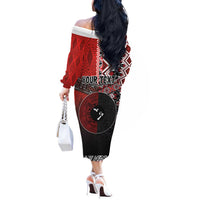 Personalised Aotearoa and Tonga Together Off The Shoulder Long Sleeve Dress Manaia and Tongan Tribal Cross - Taniko and Ngatu Art Tattoo LT03 - Polynesian Pride