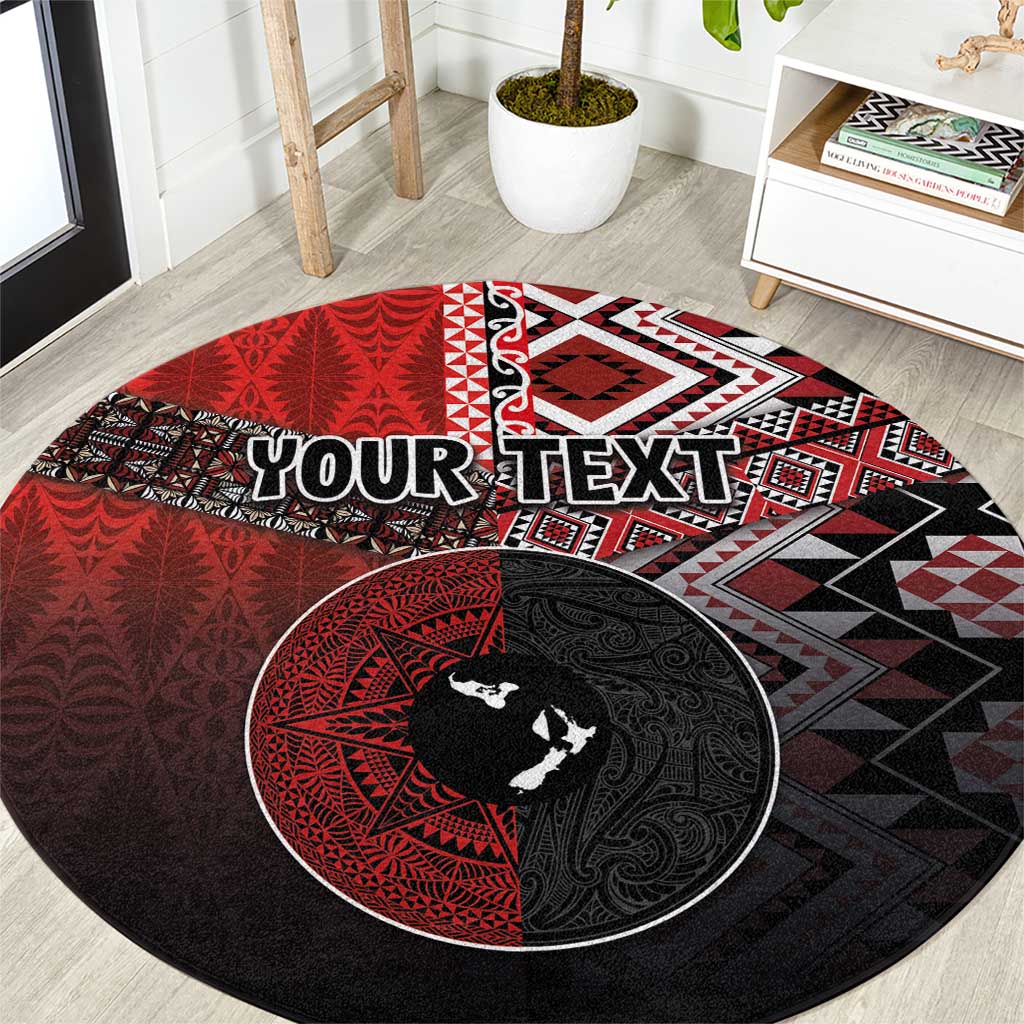 Personalised Aotearoa and Tonga Together Round Carpet Manaia and Tongan Tribal Cross - Taniko and Ngatu Art Tattoo LT03 Red - Polynesian Pride