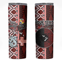 Personalised Aotearoa and Tonga Together Skinny Tumbler Manaia and Tongan Tribal Cross - Taniko and Ngatu Art Tattoo LT03 Red - Polynesian Pride