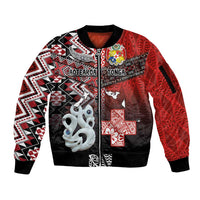 Personalised Aotearoa and Tonga Together Sleeve Zip Bomber Jacket Manaia and Tongan Tribal Cross - Taniko and Ngatu Art Tattoo LT03 Unisex Red - Polynesian Pride