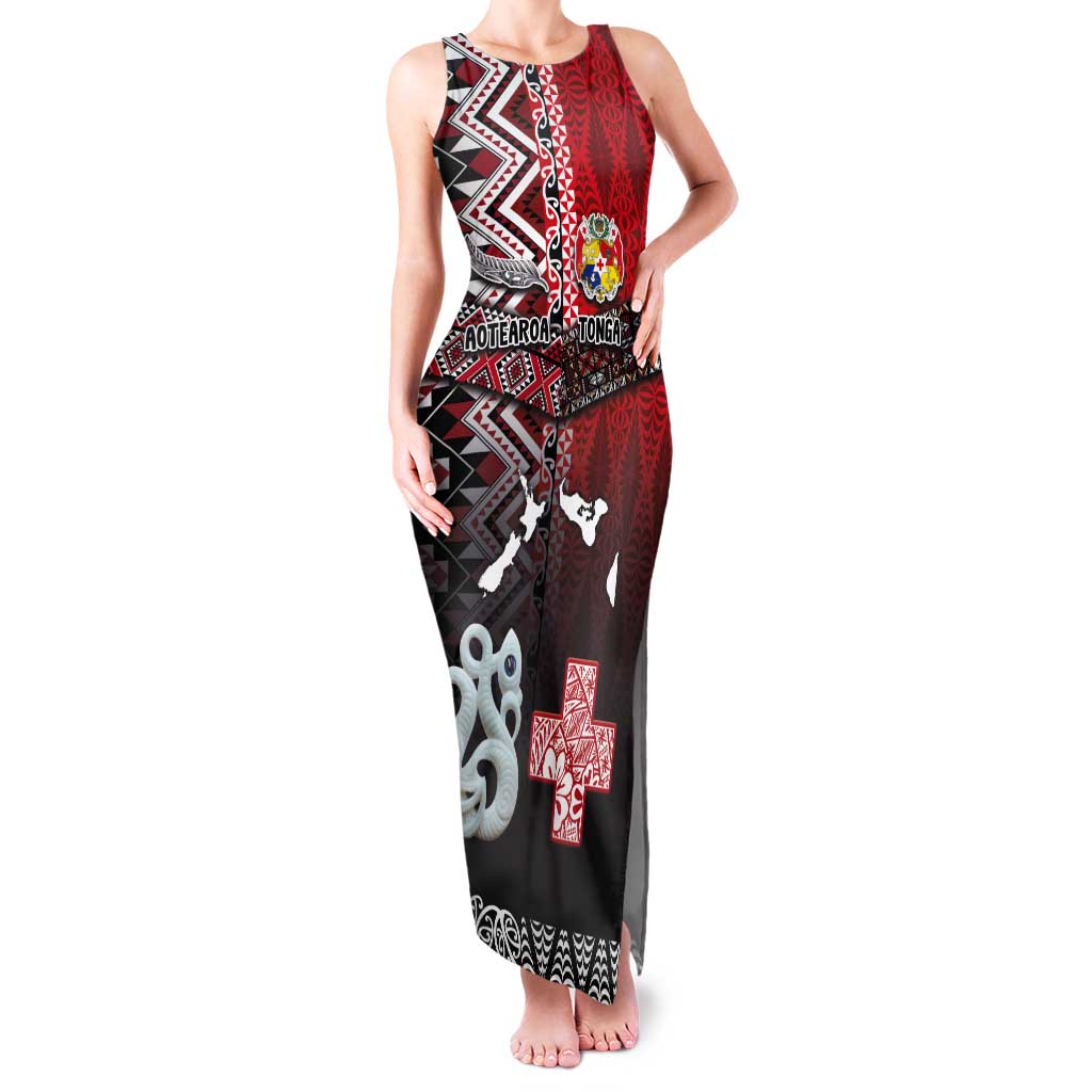 Personalised Aotearoa and Tonga Together Tank Maxi Dress Manaia and Tongan Tribal Cross - Taniko and Ngatu Art Tattoo LT03 Women Red - Polynesian Pride