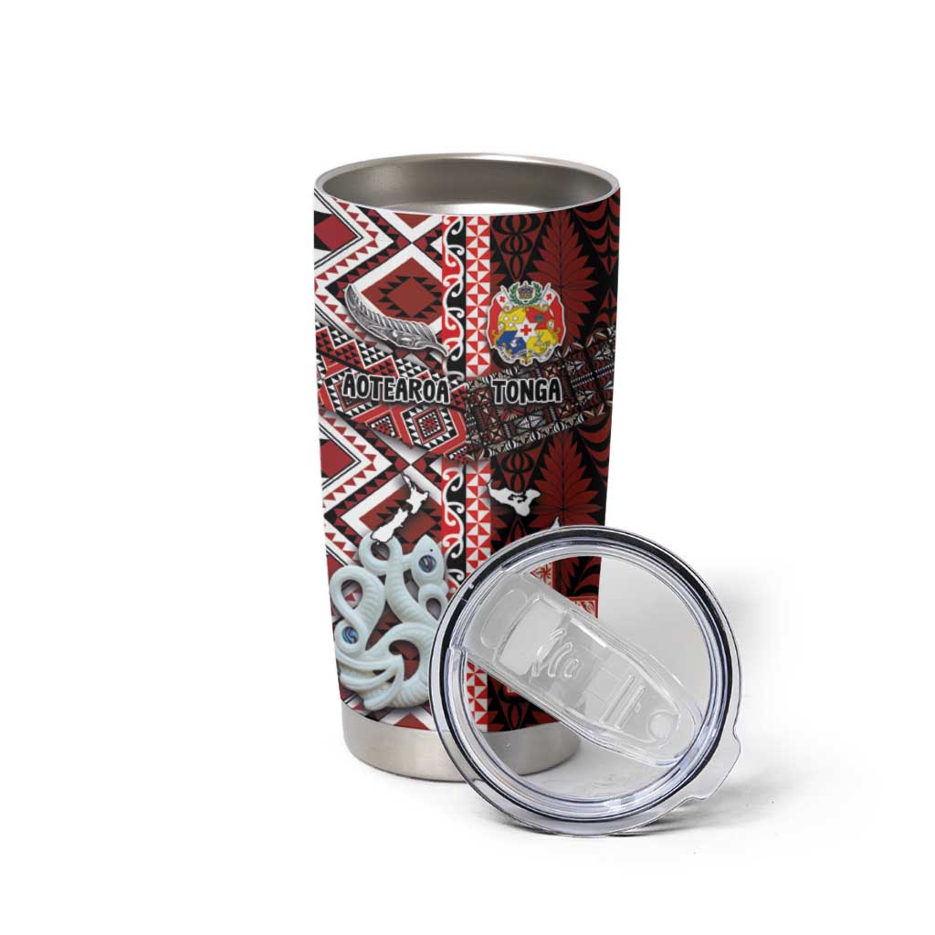 Personalised Aotearoa and Tonga Together Tumbler Cup Manaia and Tongan Tribal Cross - Taniko and Ngatu Art Tattoo