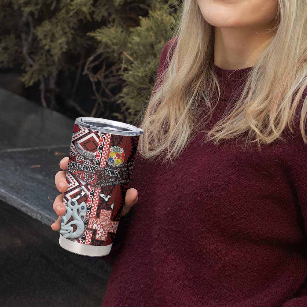 Personalised Aotearoa and Tonga Together Tumbler Cup Manaia and Tongan Tribal Cross - Taniko and Ngatu Art Tattoo