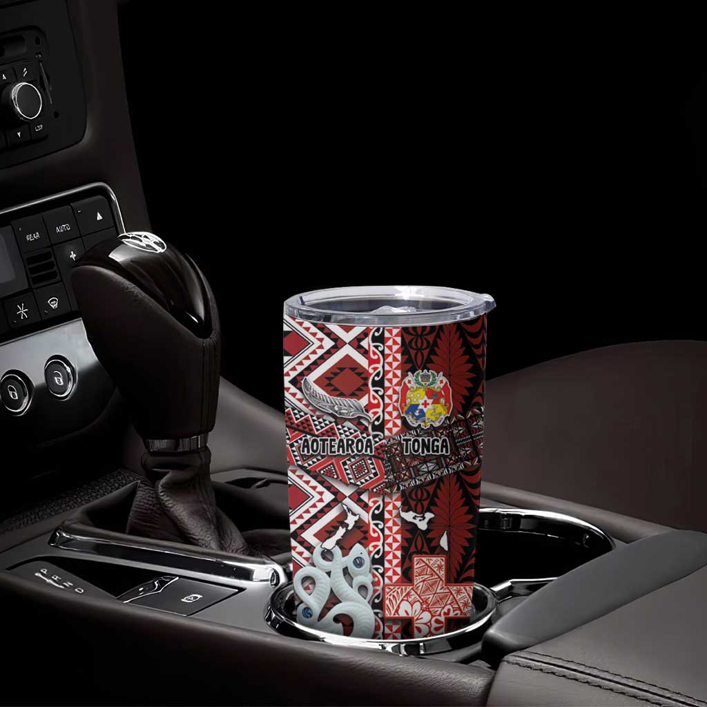 Personalised Aotearoa and Tonga Together Tumbler Cup Manaia and Tongan Tribal Cross - Taniko and Ngatu Art Tattoo