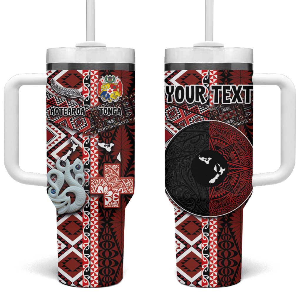 Personalised Aotearoa and Tonga Together Tumbler With Handle Manaia and Tongan Tribal Cross - Taniko and Ngatu Art Tattoo