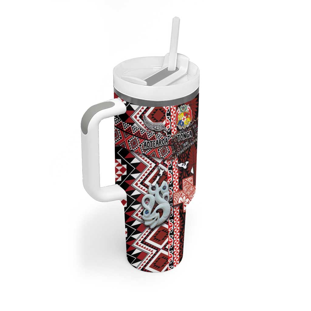 Personalised Aotearoa and Tonga Together Tumbler With Handle Manaia and Tongan Tribal Cross - Taniko and Ngatu Art Tattoo