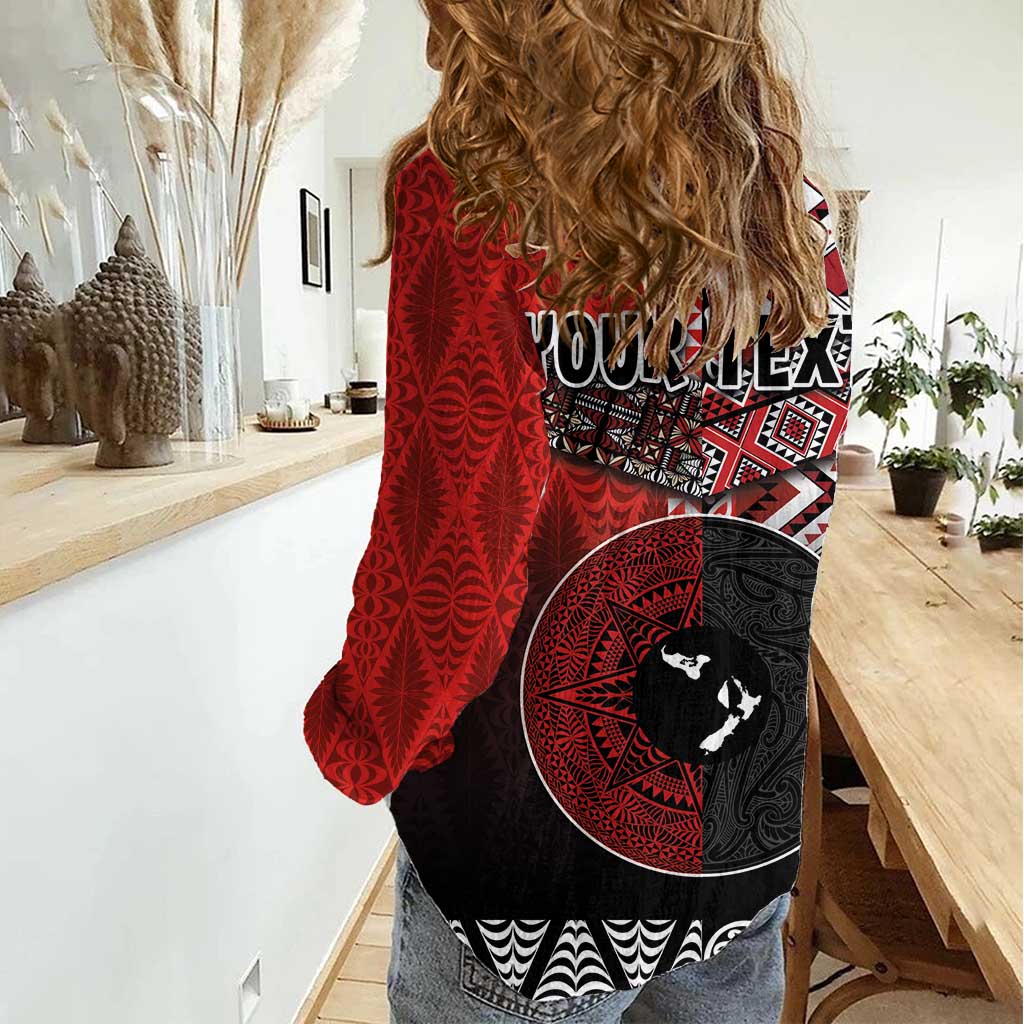 Personalised Aotearoa and Tonga Together Women Casual Shirt Manaia and Tongan Tribal Cross - Taniko and Ngatu Art Tattoo LT03 - Polynesian Pride