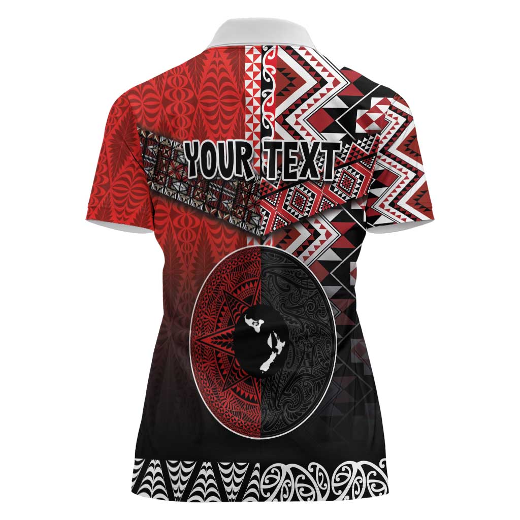 Personalised Aotearoa and Tonga Together Women Polo Shirt Manaia and Tongan Tribal Cross - Taniko and Ngatu Art Tattoo LT03 - Polynesian Pride