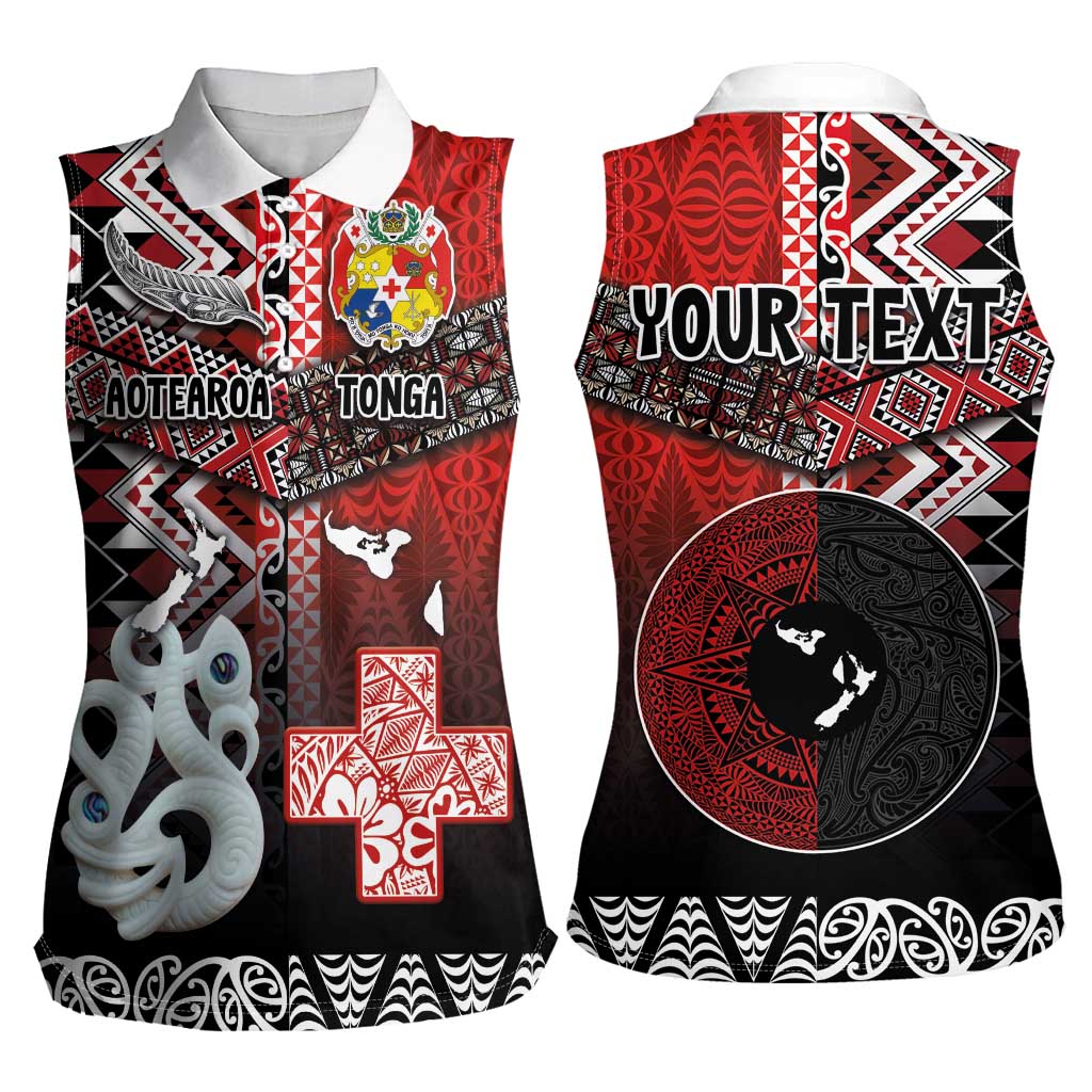 Personalised Aotearoa and Tonga Together Women Sleeveless Polo Shirt Manaia and Tongan Tribal Cross - Taniko and Ngatu Art Tattoo LT03 - Polynesian Pride