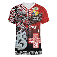 Personalised Aotearoa and Tonga Together Women V-Neck T-Shirt Manaia and Tongan Tribal Cross - Taniko and Ngatu Art Tattoo LT03 Female Red - Polynesian Pride