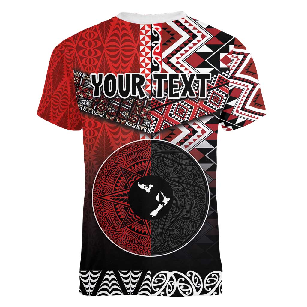 Personalised Aotearoa and Tonga Together Women V-Neck T-Shirt Manaia and Tongan Tribal Cross - Taniko and Ngatu Art Tattoo LT03 - Polynesian Pride
