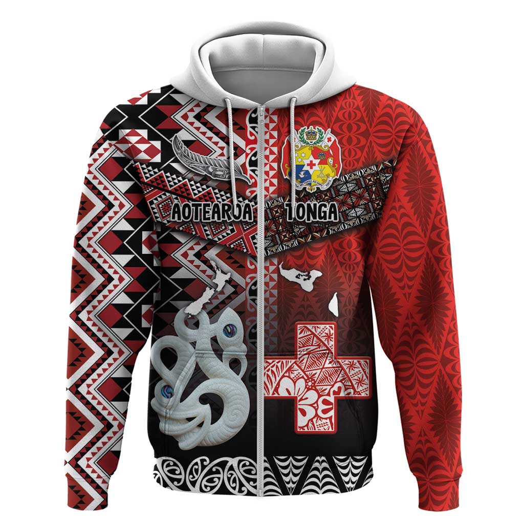 Personalised Aotearoa and Tonga Together Zip Hoodie Manaia and Tongan Tribal Cross - Taniko and Ngatu Art Tattoo LT03 Zip Hoodie Red - Polynesian Pride