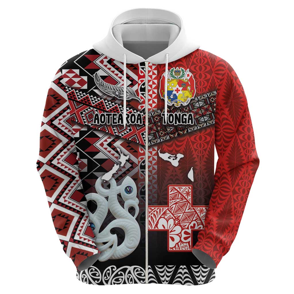 Personalised Aotearoa and Tonga Together Zip Hoodie Manaia and Tongan Tribal Cross - Taniko and Ngatu Art Tattoo LT03 - Polynesian Pride