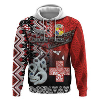 Personalised Aotearoa and Tonga Together Zip Hoodie Manaia and Tongan Tribal Cross - Taniko and Ngatu Art Tattoo LT03 Pullover Hoodie Red - Polynesian Pride