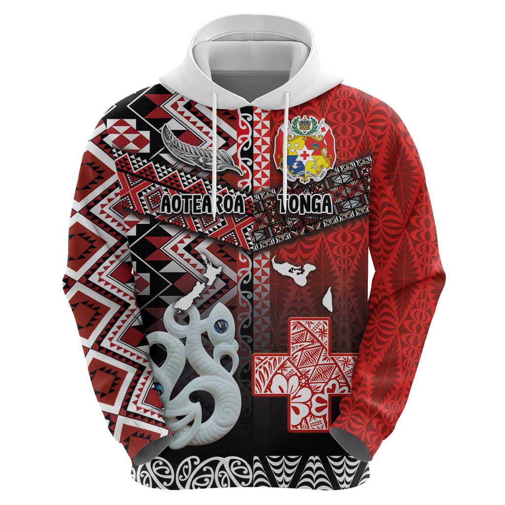 Personalised Aotearoa and Tonga Together Zip Hoodie Manaia and Tongan Tribal Cross - Taniko and Ngatu Art Tattoo LT03 - Polynesian Pride