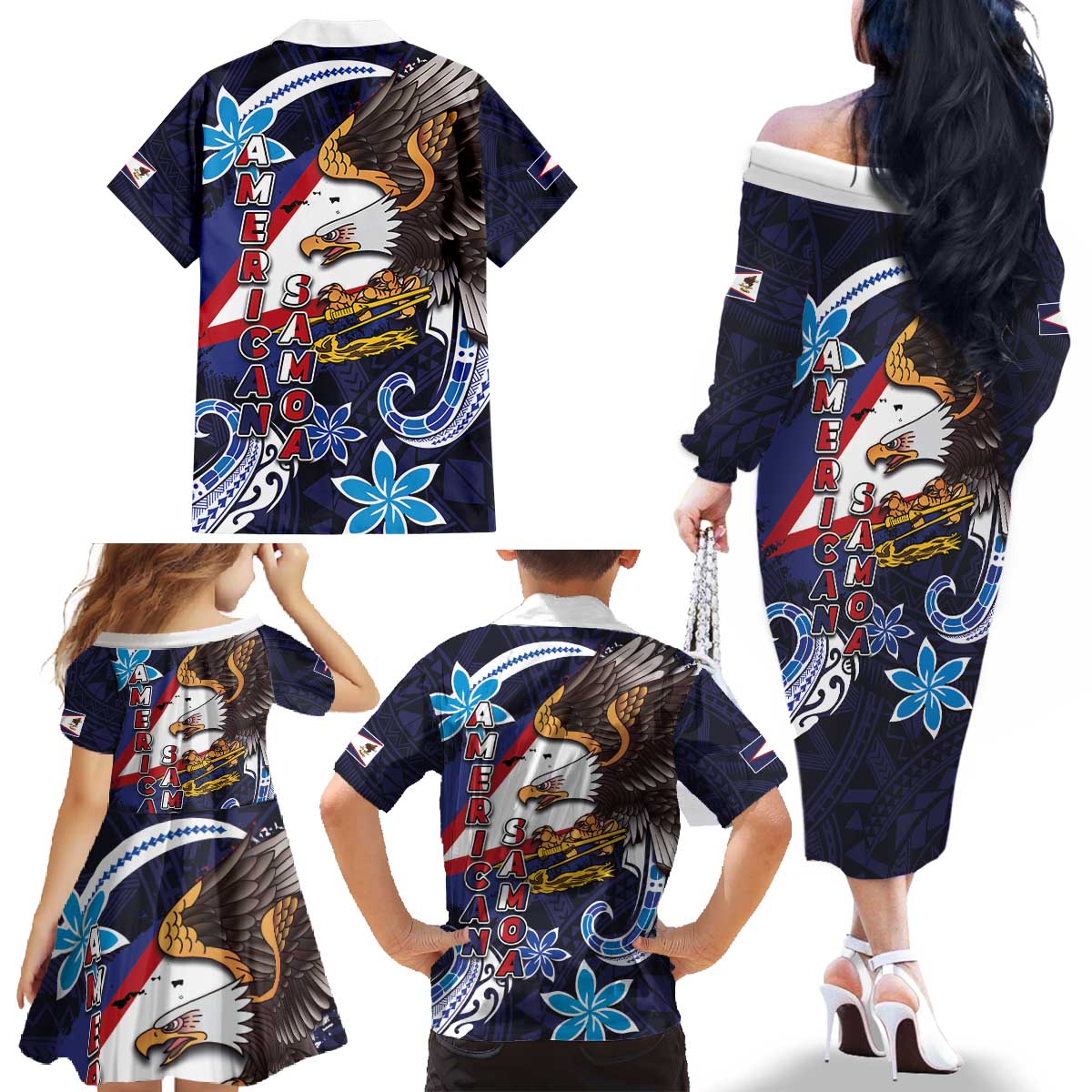 American Samoa Flag Day Family Matching Off The Shoulder Long Sleeve Dress and Hawaiian Shirt Bald Eagle with Uatogi and Fue - Polynesian and Floral Tribal Tattoo