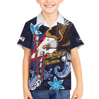 American Samoa Flag Day Family Matching Off The Shoulder Long Sleeve Dress and Hawaiian Shirt Bald Eagle with Uatogi and Fue - Polynesian and Floral Tribal Tattoo