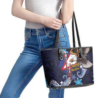 American Samoa Flag Day Leather Tote Bag Bald Eagle with Uatogi and Fue - Polynesian and Floral Tribal Tattoo