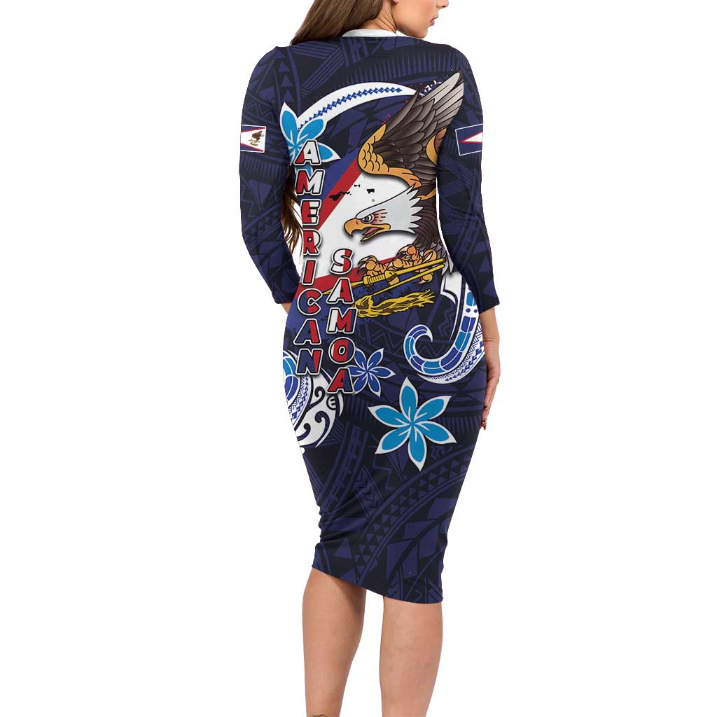 American Samoa Flag Day Long Sleeve Bodycon Dress Bald Eagle with Uatogi and Fue - Polynesian and Floral Tribal Tattoo