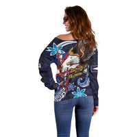 American Samoa Flag Day Off Shoulder Sweater Bald Eagle with Uatogi and Fue - Polynesian and Floral Tribal Tattoo