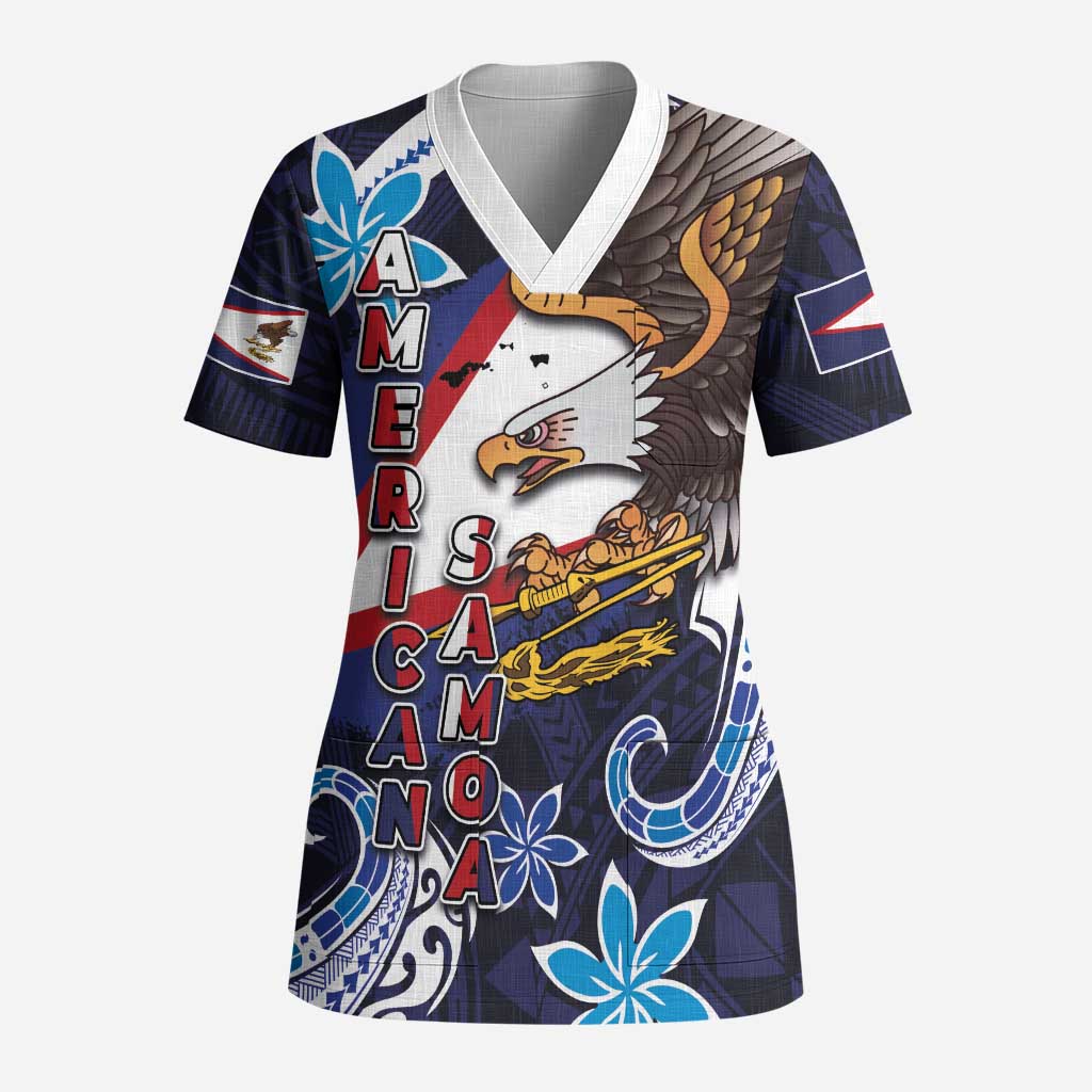 American Samoa Flag Day Scrub Top Bald Eagle with Uatogi and Fue - Polynesian and Floral Tribal Tattoo - Polynesian Pride