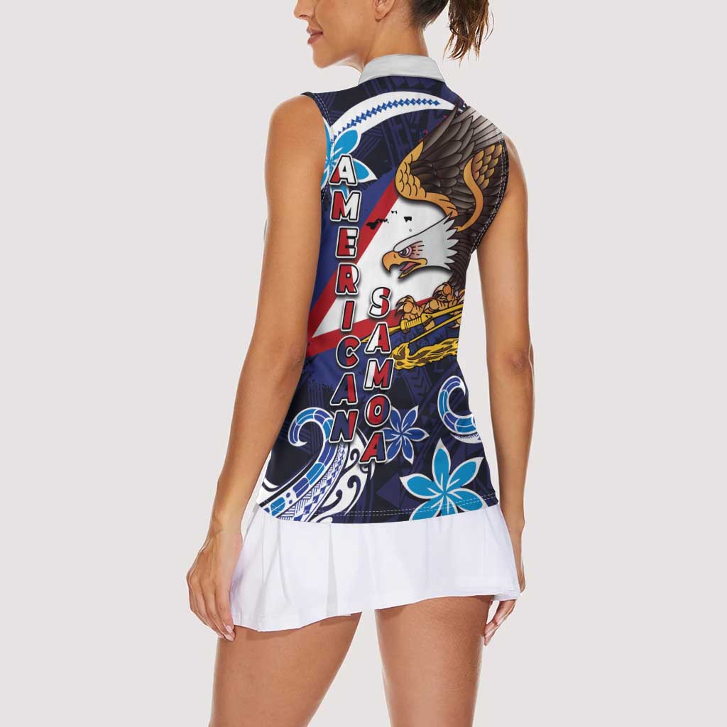American Samoa Flag Day Women Sleeveless Polo Shirt Bald Eagle with Uatogi and Fue - Polynesian and Floral Tribal Tattoo