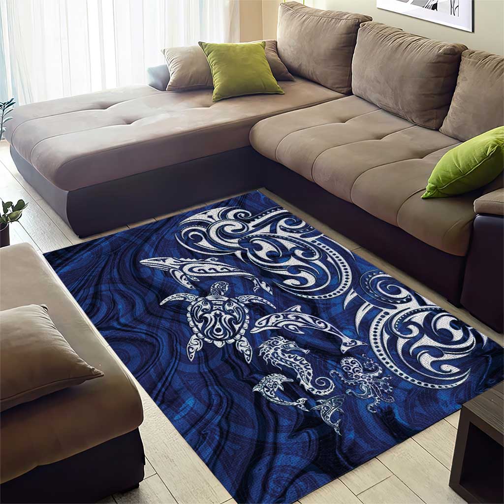 New Zealand Connecting with Seas Area Rug Maori Tribal and Sea Animals Tattoo - White Glass Style