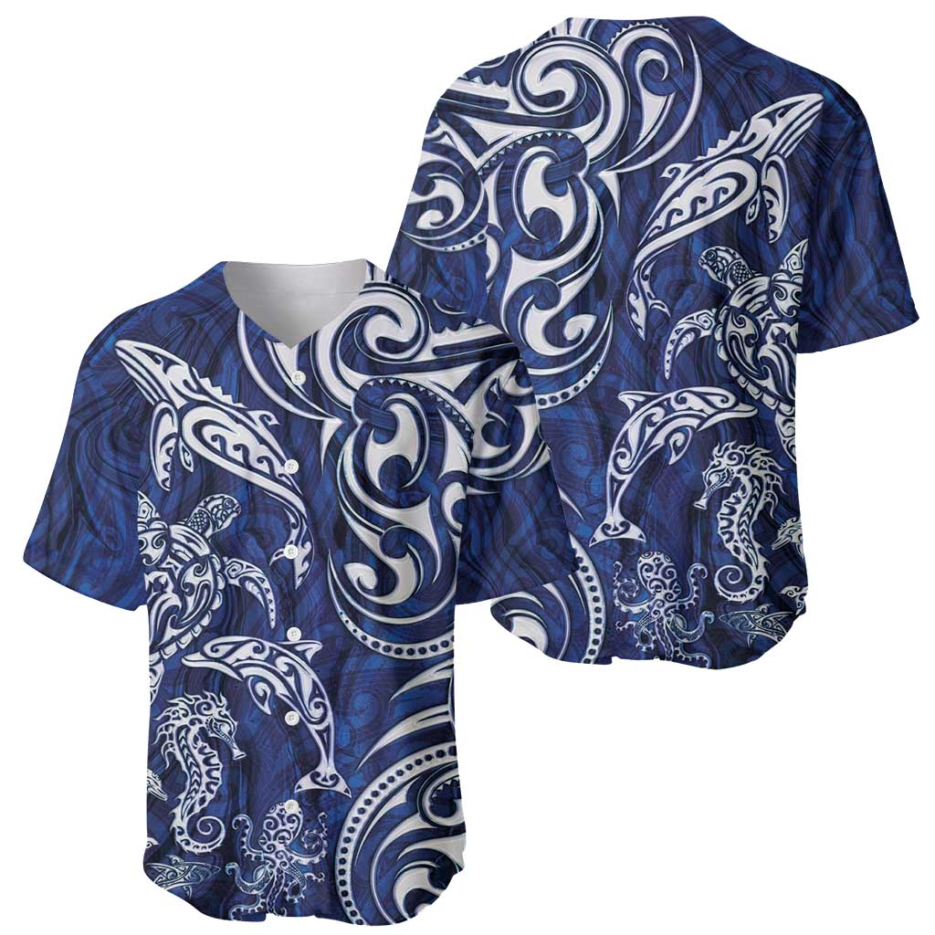 New Zealand Connecting with Seas Baseball Jersey Maori Tribal and Sea Animals Tattoo - White Glass Style