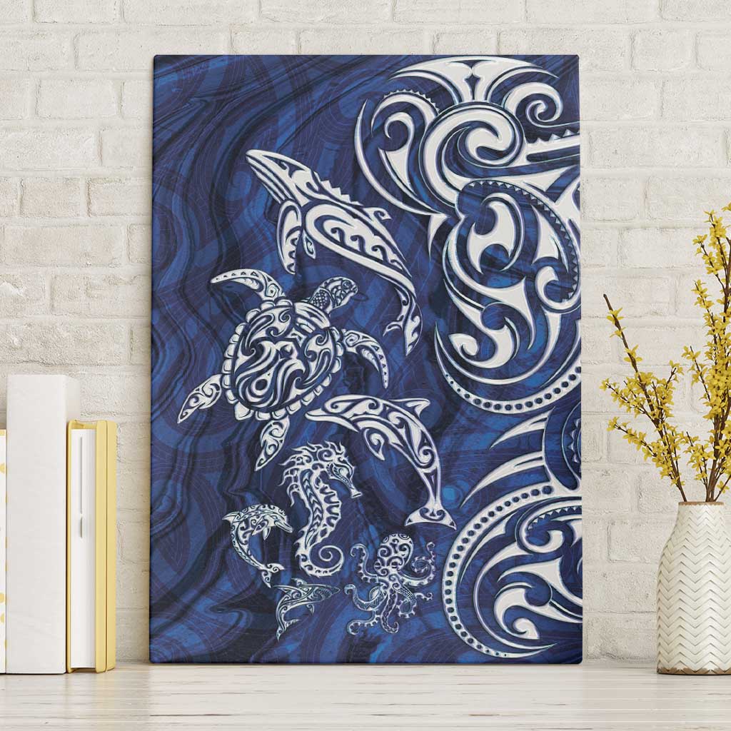 New Zealand Connecting with Seas Canvas Wall Art Maori Tribal and Sea Animals Tattoo - White Glass Style LT03 Without Frame Navy - Polynesian Pride