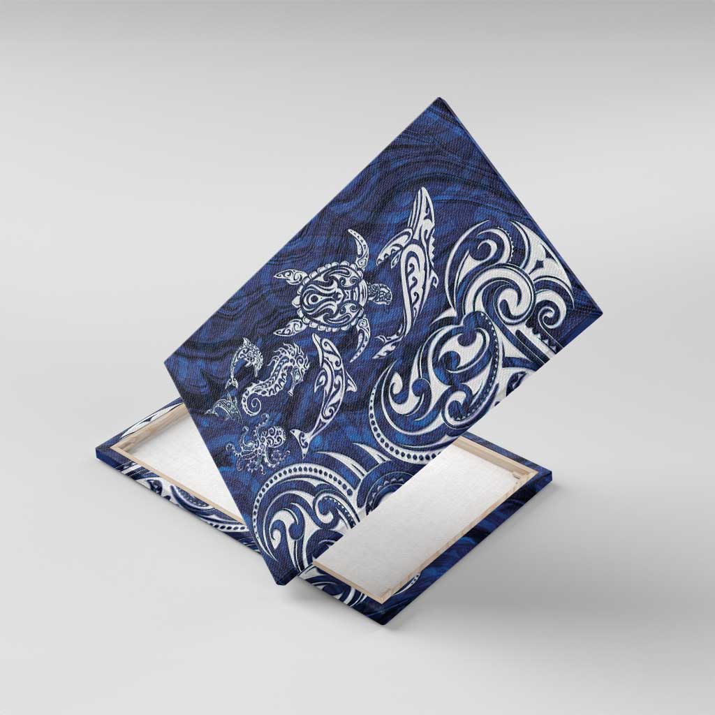 New Zealand Connecting with Seas Canvas Wall Art Maori Tribal and Sea Animals Tattoo - White Glass Style LT03 With Frame Navy - Polynesian Pride