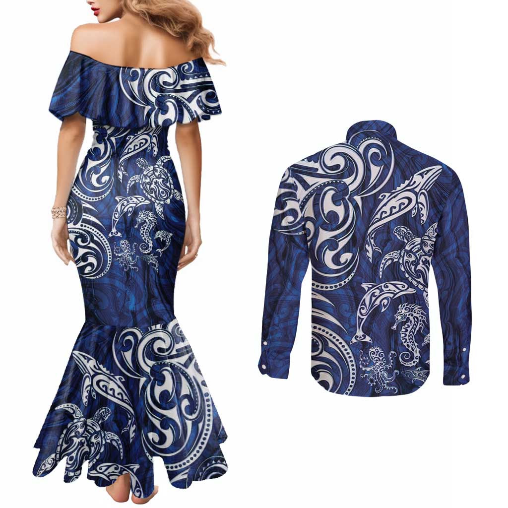 New Zealand Connecting with Seas Couples Matching Mermaid Dress and Long Sleeve Button Shirt Maori Tribal and Sea Animals Tattoo - White Glass Style LT03 - Polynesian Pride