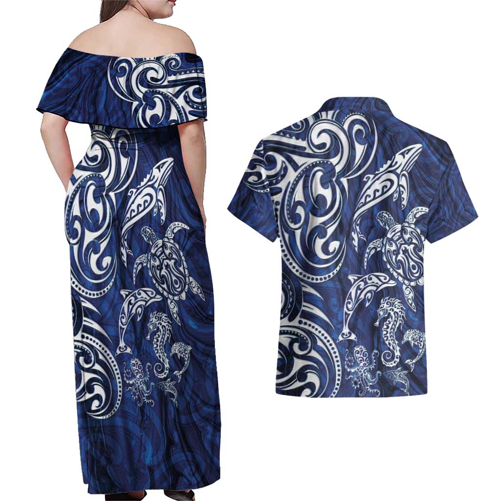 New Zealand Connecting with Seas Couples Matching Off Shoulder Maxi Dress and Hawaiian Shirt Maori Tribal and Sea Animals Tattoo - White Glass Style