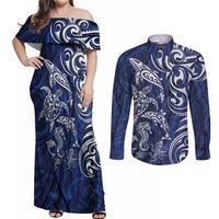 New Zealand Connecting with Seas Couples Matching Off Shoulder Maxi Dress and Long Sleeve Button Shirt Maori Tribal and Sea Animals Tattoo - White Glass Style LT03 Navy - Polynesian Pride