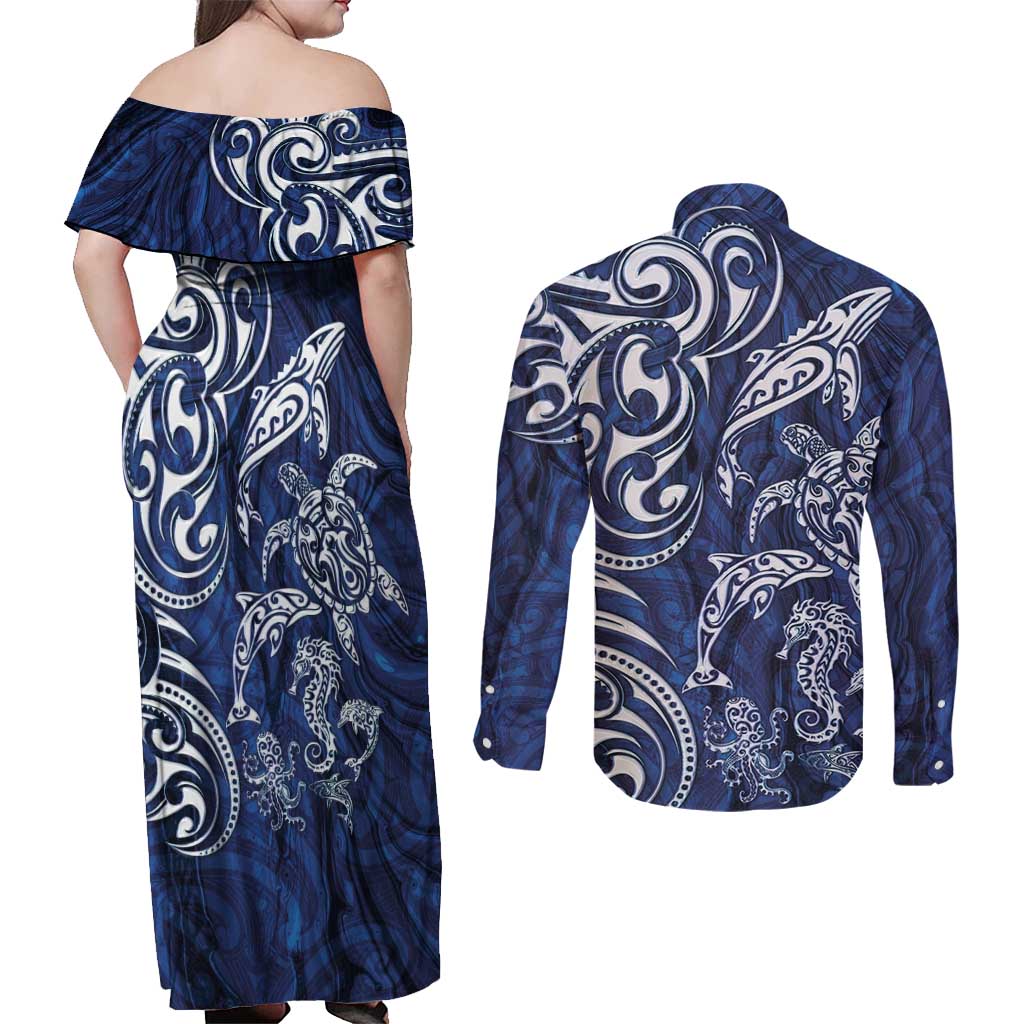 New Zealand Connecting with Seas Couples Matching Off Shoulder Maxi Dress and Long Sleeve Button Shirt Maori Tribal and Sea Animals Tattoo - White Glass Style LT03 - Polynesian Pride
