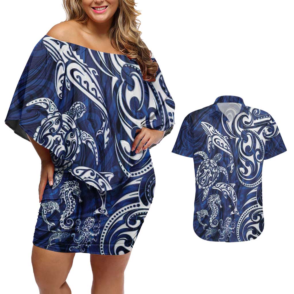New Zealand Connecting with Seas Couples Matching Off Shoulder Short Dress and Hawaiian Shirt Maori Tribal and Sea Animals Tattoo - White Glass Style