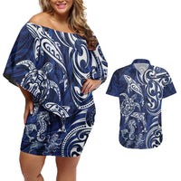 New Zealand Connecting with Seas Couples Matching Off Shoulder Short Dress and Hawaiian Shirt Maori Tribal and Sea Animals Tattoo - White Glass Style