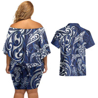New Zealand Connecting with Seas Couples Matching Off Shoulder Short Dress and Hawaiian Shirt Maori Tribal and Sea Animals Tattoo - White Glass Style