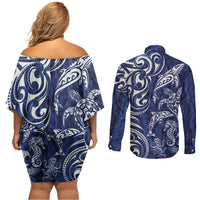 New Zealand Connecting with Seas Couples Matching Off Shoulder Short Dress and Long Sleeve Button Shirt Maori Tribal and Sea Animals Tattoo - White Glass Style LT03 - Polynesian Pride