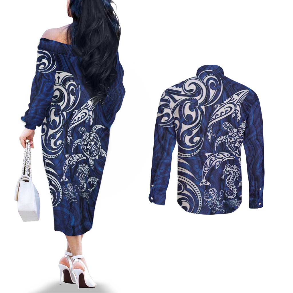 New Zealand Connecting with Seas Couples Matching Off The Shoulder Long Sleeve Dress and Long Sleeve Button Shirt Maori Tribal and Sea Animals Tattoo - White Glass Style LT03 - Polynesian Pride