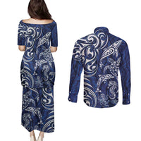 New Zealand Connecting with Seas Couples Matching Puletasi and Long Sleeve Button Shirt Maori Tribal and Sea Animals Tattoo - White Glass Style LT03 - Polynesian Pride