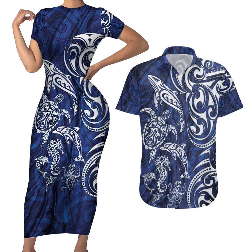 New Zealand Connecting with Seas Couples Matching Short Sleeve Bodycon Dress and Hawaiian Shirt Maori Tribal and Sea Animals Tattoo - White Glass Style