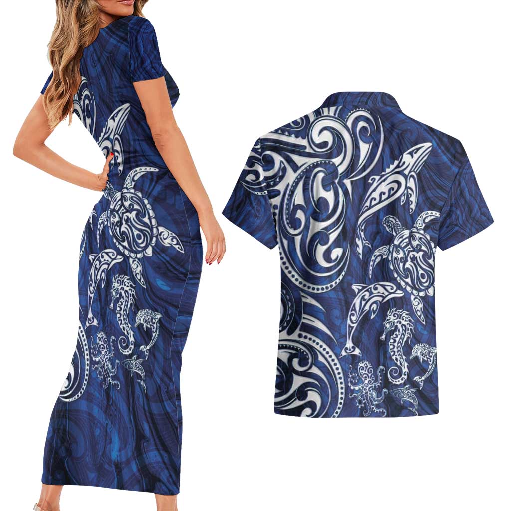New Zealand Connecting with Seas Couples Matching Short Sleeve Bodycon Dress and Hawaiian Shirt Maori Tribal and Sea Animals Tattoo - White Glass Style