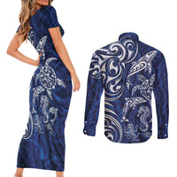 New Zealand Connecting with Seas Couples Matching Short Sleeve Bodycon Dress and Long Sleeve Button Shirt Maori Tribal and Sea Animals Tattoo - White Glass Style LT03 - Polynesian Pride