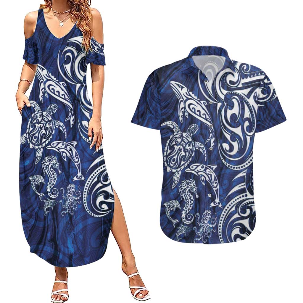 New Zealand Connecting with Seas Couples Matching Summer Maxi Dress and Hawaiian Shirt Maori Tribal and Sea Animals Tattoo - White Glass Style