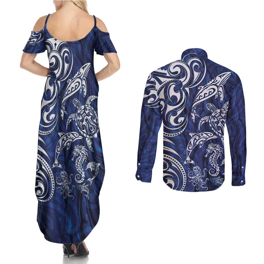 New Zealand Connecting with Seas Couples Matching Summer Maxi Dress and Long Sleeve Button Shirt Maori Tribal and Sea Animals Tattoo - White Glass Style LT03 - Polynesian Pride