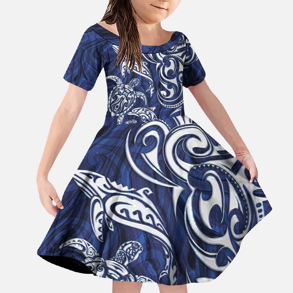 New Zealand Connecting with Seas Family Matching Mermaid Dress and Hawaiian Shirt Maori Tribal and Sea Animals Tattoo - White Glass Style